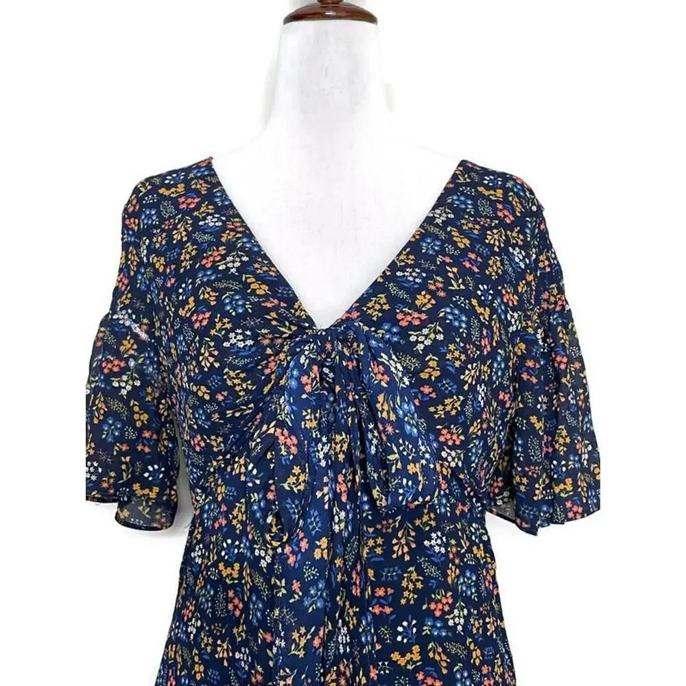 Madewell Cross Front Floral Flutter Sleeve Faux Wrap A Line Tie Dress Blue 4 - Picture 7 of 9